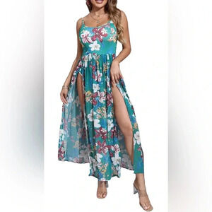 Women Summer Spaghetti Strap Romper Split Maxi Party Casual Dress